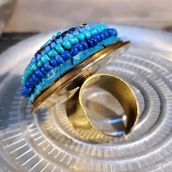 India Brass Turquoise Blue Beads Artisan Beaded Statement Cocktail Ring - Picture 6 of 12